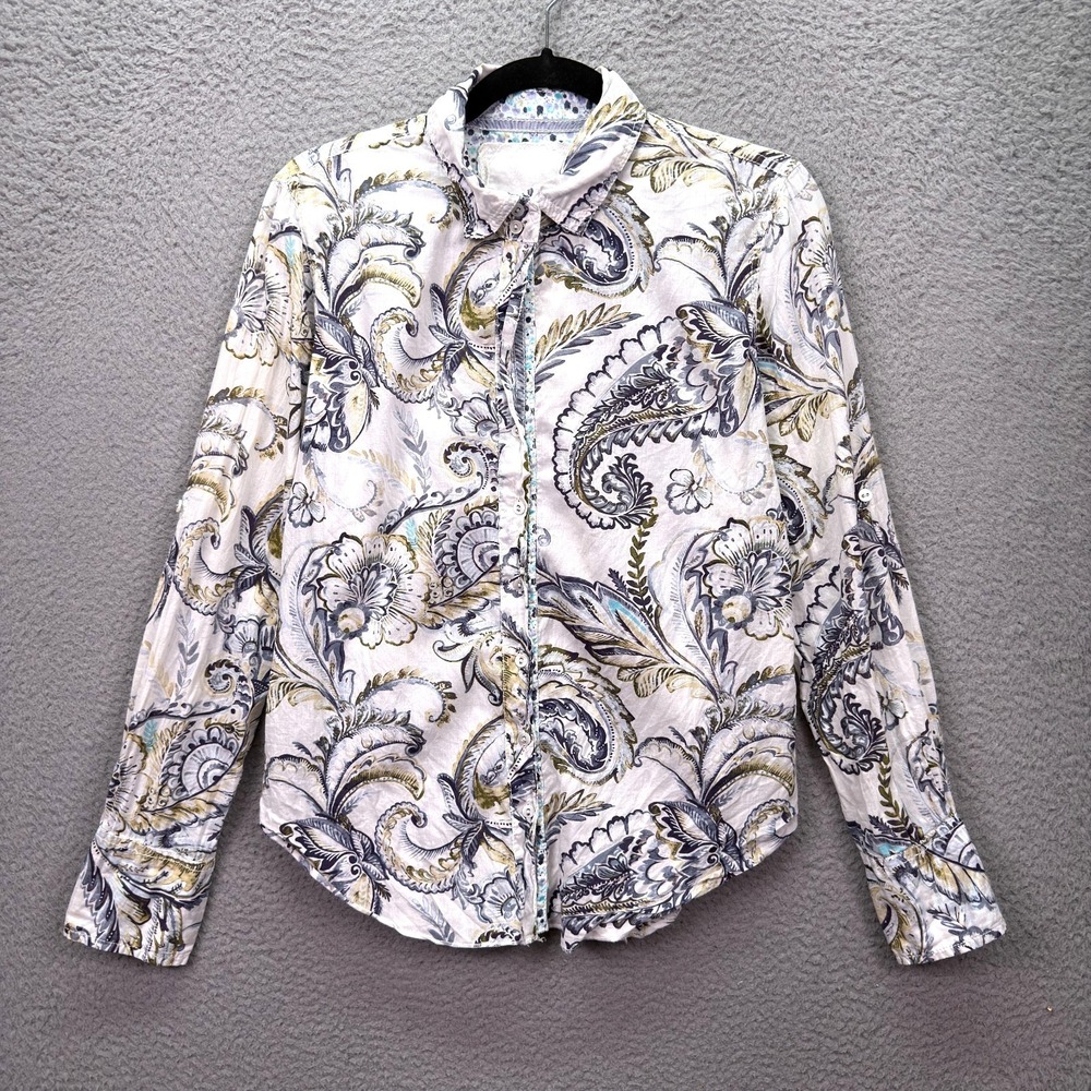 Cino Top Womens S White‎ Contrast Cuff Roll Tab Button Crinkle Paisley Coastal